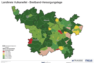 Die Karte zeigt die aktuelle  Breitbandversorgungslage im  Landkreis Vulkaneifel.  Hierbei sind auch solche Orte als versorgt markiert, die bereits über einen Vertrag mit einem Anbieter verfügen, der Ausbau aber noch nicht abgeschlossen ist. 