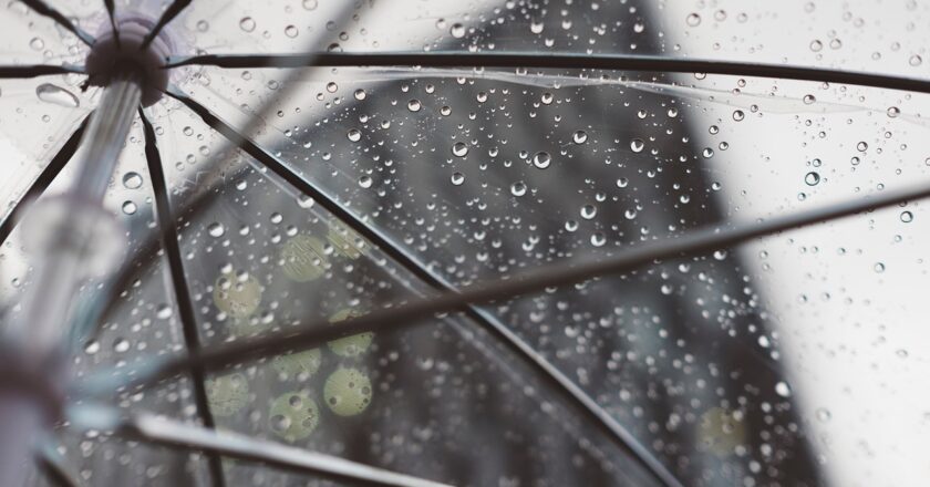 Ein nasser Regenschirm in Nahaufnahme.